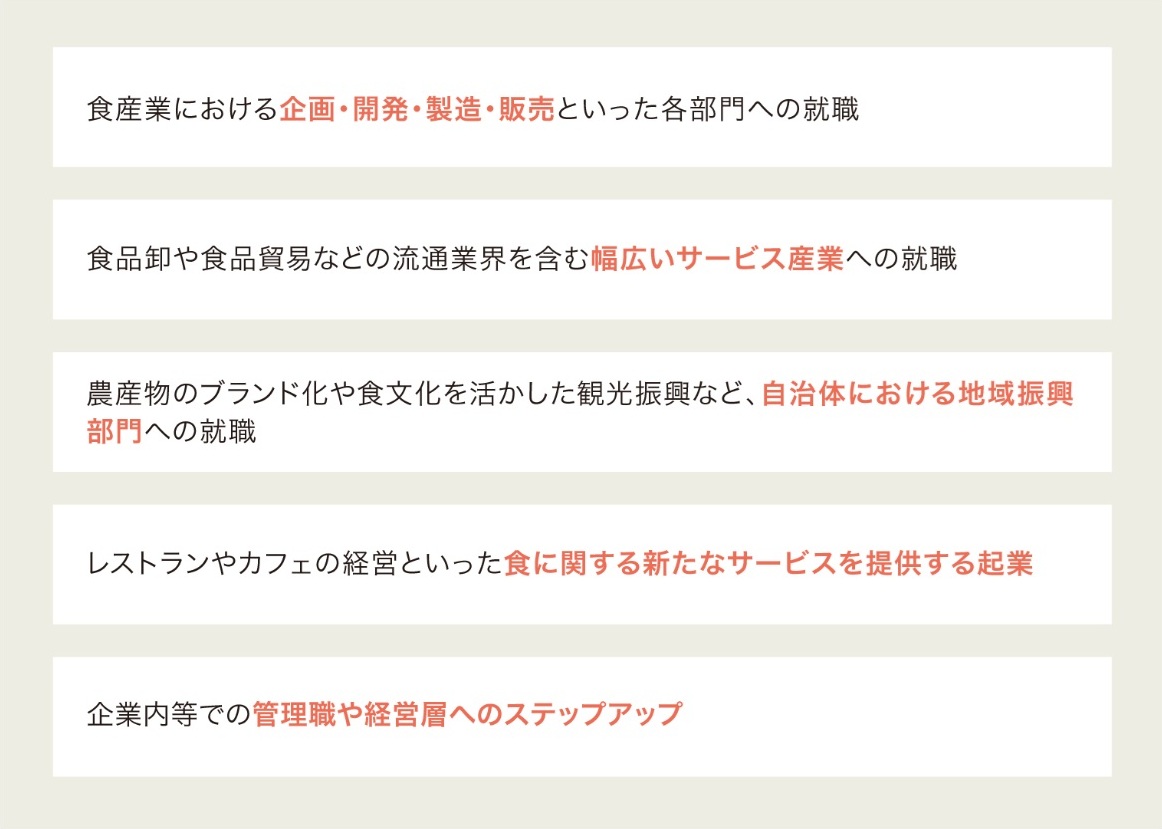 食産業における企画・開発・製造・販売といった各部門への就職、食品卸や食品貿易などの流通業界を含む幅広いサービス産業への就職、農産物のブランド化や食文化を活かした観光振興など、自治体における地域振興部門への就職、レストランやカフェの経営といった食に関する新たなサービスを提供する起業、企業内等での管理職や経営層へのステップアップ