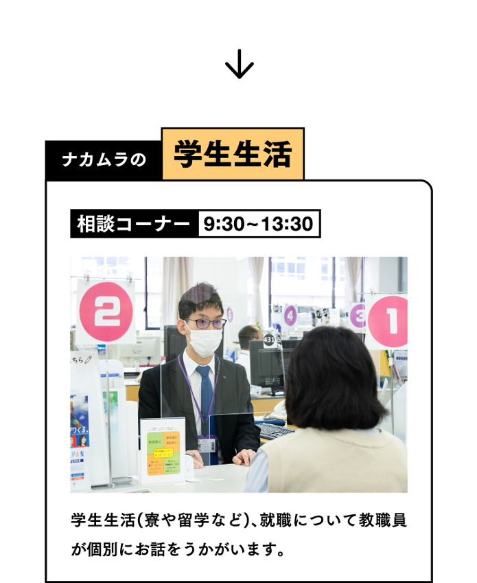 ナカムラの学生生活 相談コーナー9:30~13:30 学生生活(寮や留学など)、就職について教職員が個別にお話をうかがいます。