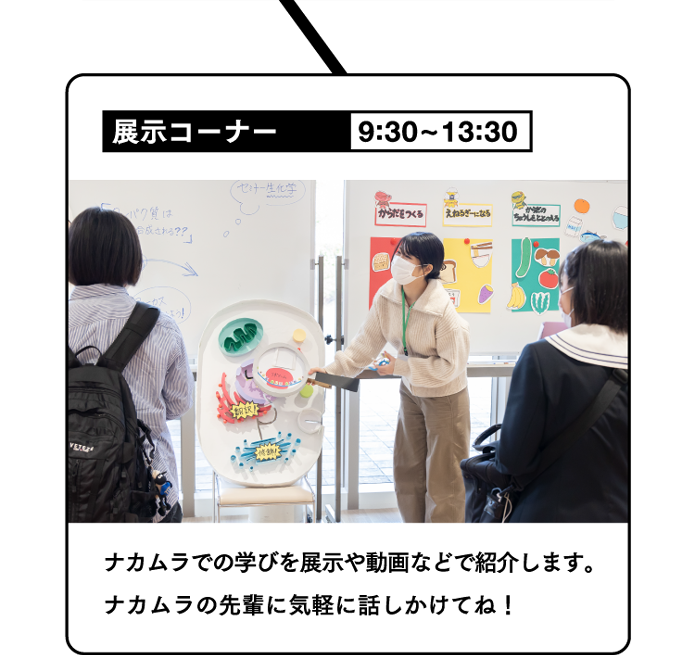 展示コーナー 9:30~13:30 ナカムラでの学びを展示や動画などで紹介します。ナカムラの先輩に気軽に話しかけてね！
